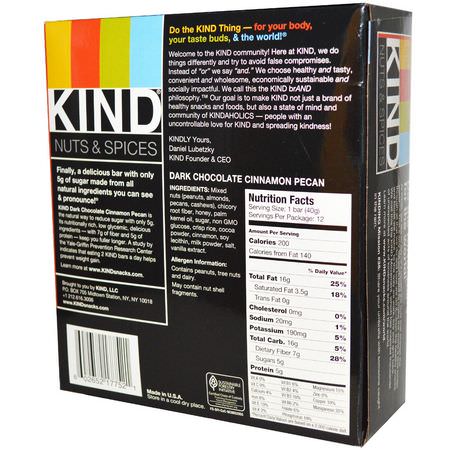 KIND Bars, Nuts & Spices, Dark Chocolate Cinnamon Pecan, 12 Bars, 1.4 oz (40 g):قضبان ال,جبات الخفيفة, الحانات الغذائية