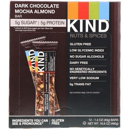 KIND Bars, Nuts & Spices, Dark Chocolate Mocha Almond, 12 Bars, 1.4 oz (40 g) Each:قضبان ال,جبات الخفيفة ,الحانات الغذائية