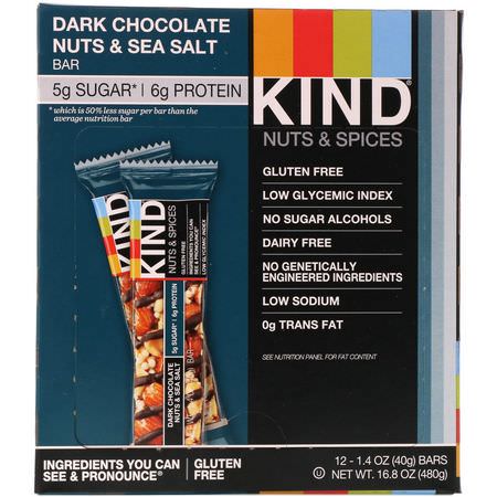 KIND Bars, Nuts & Spices, Dark Chocolate Nuts & Sea Salt, 12 Bars, 1.4 oz (40 g) Each:أشرطة ال,جبات الخفيفة, أشرطة التغذية