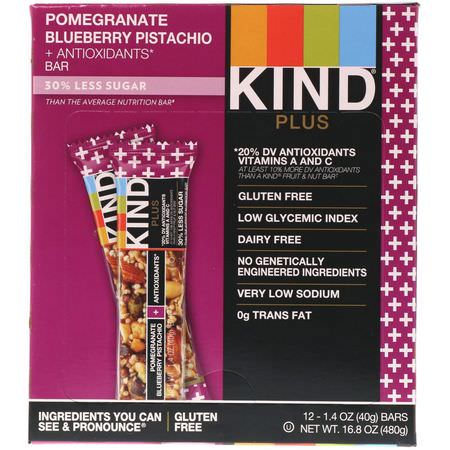KIND Bars, Kind Plus, Pomegranate Blueberry Pistachio + Antioxidants, 12 Bars, 1.4 oz (40 g) Each:قضبان ال,جبات الخفيفة ,الحانات الغذائية