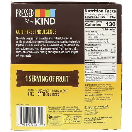 KIND Bars, Pressed by KIND, Dark Chocolate Banana, 12 Fruit Bars, 1.35 oz (38 g) Each:أشرطة الفاكهة