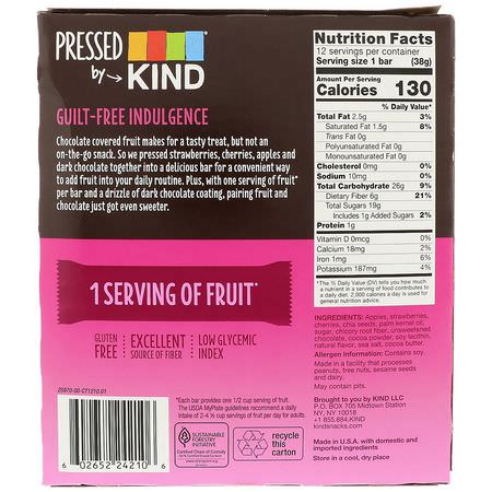 KIND Bars, Pressed by KIND, Dark Chocolate Strawberry, 12 Fruit Bars, 1.34 oz (38 g) Each:أشرطة الفاكهة