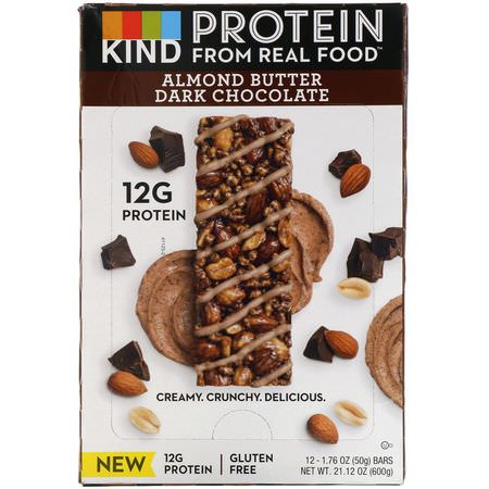 KIND Bars, Protein, Almond Butter Dark Chocolate, 12 Bars, 1.76 oz (50 g) Each:قضبان ال,جبات الخفيفة ,الحانات الغذائية