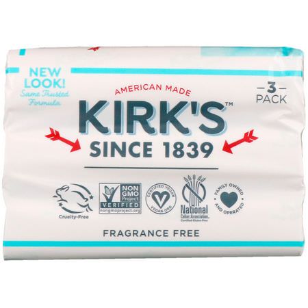 Kirk's, 100% Premium Coconut Oil Gentle Castile Soap, Fragrance Free, 3 Bars, 4 oz (113 g) Each:قشتالة الصاب,ن, شريط الصاب,ن