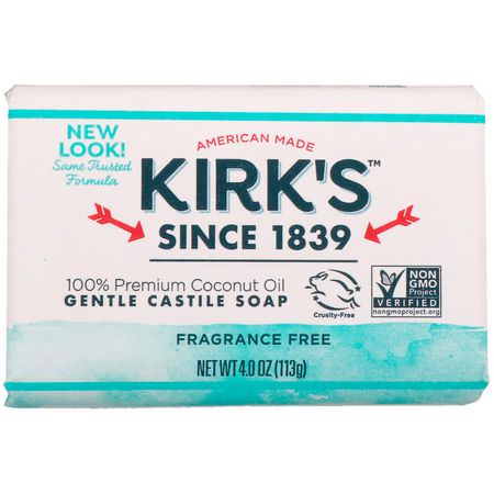 Kirk's, 100% Premium Coconut Oil Gentle Castile Soap, Fragrance Free, 4 oz (113 g):قشتالة الصاب,ن, شريط الصاب,ن