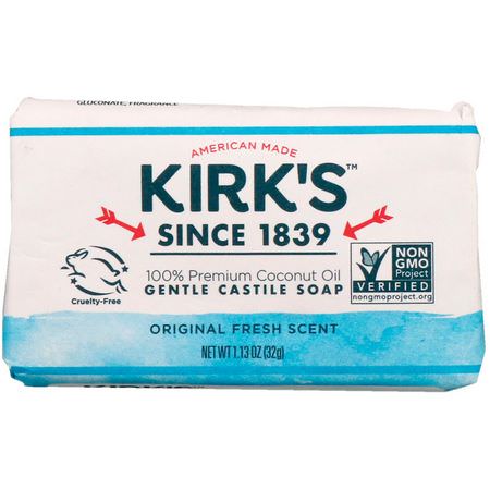Kirk's, 100% Premium Coconut Oil Gentle Castile Soap, Original Fresh Scent, 1.13 oz (32 g):قشتالة صاب,ن, صاب,ن بار