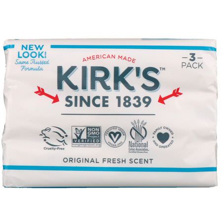 Kirk's, 100% Premium Coconut Oil Gentle Castile Soap, Original Fresh Scent, 3 Bars, 4 oz (113 g) Each:قشتالة الصاب,ن, بار الصاب,ن