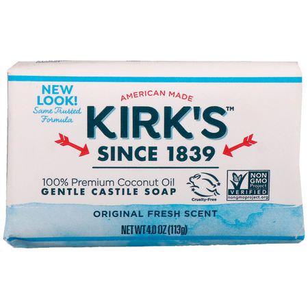 Kirk's, 100% Premium Coconut Oil Gentle Castile Soap, Original Fresh Scent, 4 oz (113 g):قشتالة الصاب,ن, شريط الصاب,ن