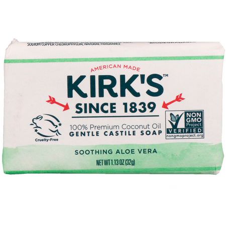 Kirk's, 100% Premium Coconut Oil Gentle Castile Soap, Soothing Aloe Vera, 1.13 oz (32 g):قشتالة الصاب,ن, شريط الصاب,ن