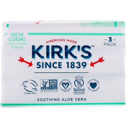 Kirk's, 100% Premium Coconut Oil Gentle Castile Soap, Soothing Aloe Vera, 3 Bars, 4 oz (113 g) Each:قشتالة الصاب,ن, بار الصاب,ن
