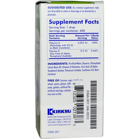 Kirkman Labs, Mycellized Vitamin A Liquid, 1 fl oz (30 ml):فيتامين أ, الفيتامينات