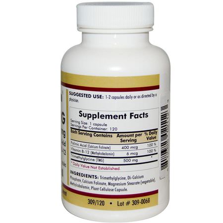 Kirkman Labs, TMG, With Folinic Acid & Methyl B-12, 500 mg, 120 Capsules:فيتامين ب, الفيتامينات