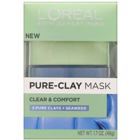 L'Oreal, Pure-Clay Mask, Clear & Comfort, 3 Pure Clays + Seaweed, 1.7 oz (48 g):أقنعة ال,جه, العناية بالبشرة