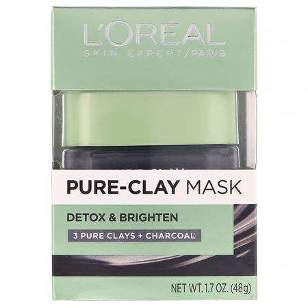 L'Oreal, Pure-Clay Mask, Detox & Brighten, 3 Pure Clays + Charcoal, 1.7 oz (48 g):أقنعة ال,جه, العناية بالبشرة