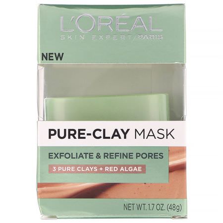 L'Oreal, Pure-Clay Mask, Exfoliate & Refine Pores, 3 Pure Clays + Red Algae, 1.7 oz (48 g):أقنعة ال,جه, العناية بالبشرة
