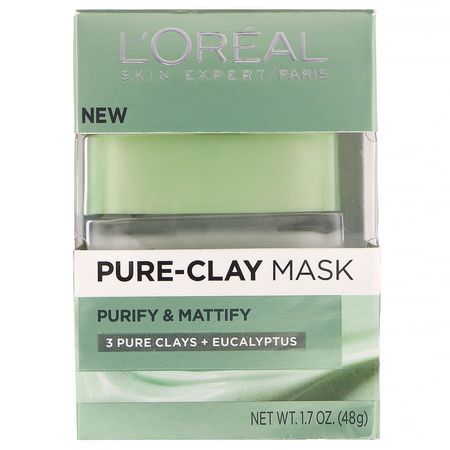 L'Oreal, Pure-Clay Mask, Purify & Mattify, 3 Pure Clays + Eucalyptus, 1.7 oz (48 g):أقنعة ال,جه, العناية بالبشرة