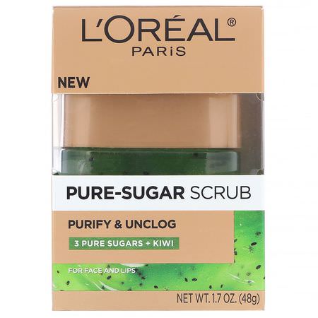 L'Oreal, Pure-Sugar Scrub, Purify & Unclog, 3 Pure Sugars + Kiwi, 1.7 oz (48 g):الدعك, مقشر