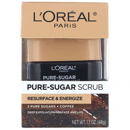 L'Oreal, Pure-Sugar Scrub, Resurface & Energize, 3 Pure Sugars + Coffee, 1.7 oz (48 g):مقشر الشفاه, العناية بالشفاه