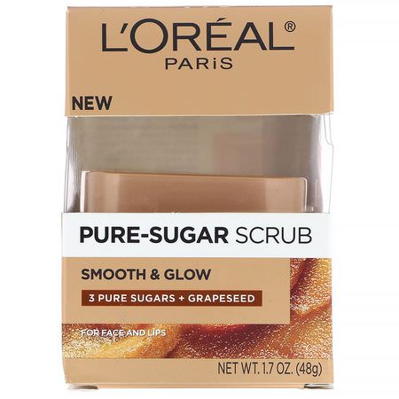 L'Oreal, Pure-Sugar Scrub, Smooth & Glow, 3 Pure Sugars + Grapeseed, 1.7 oz (48 g):مقشر الشفاه, العناية بالشفاه