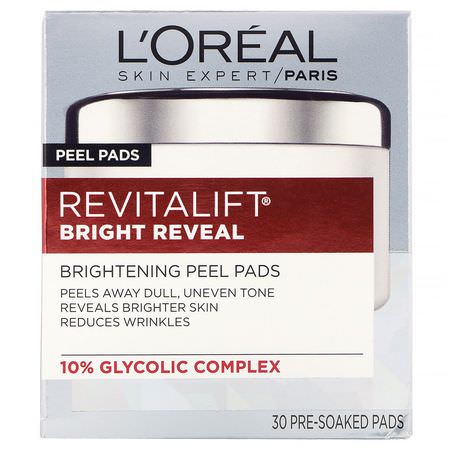 L'Oreal, Revitalift Bright Reveal, Brightening Peel Pads, 30 Pre-Soaked Pads:الأمصال, العلاجات