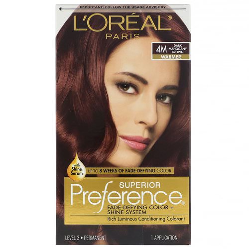 L'Oreal, Superior Preference, Fade-Defying Color + Shine System, Warm, 4M Dark Mahogany Brown, 1 Application فوائد