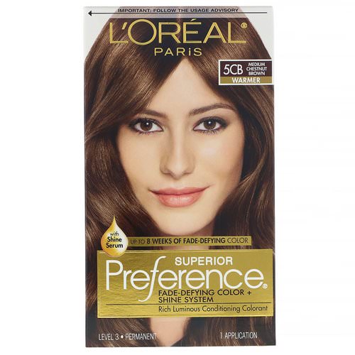 L'Oreal, Superior Preference, Fade-Defying Color + Shine System, Warmer, 5CB Medium Chestnut Brown, 1 Application فوائد