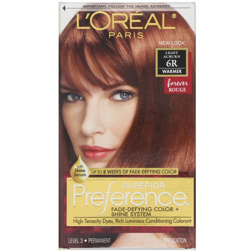 L'Oreal, Superior Preference, Fade-Defying Color + Shine System, Warmer, Light Auburn 6R, 1 Application فوائد