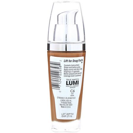 L'Oreal, True Match Healthy Luminous Makeup, SPF 20, C6 Soft Sable, 1 fl oz (30 ml):Foundation, وجه
