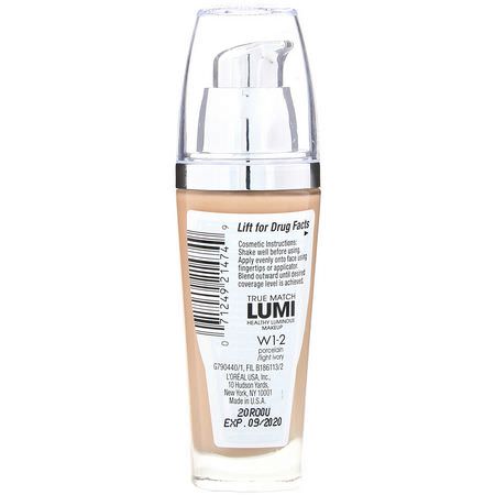 L'Oreal, True Match Healthy Luminous Makeup, SPF 20, W1-2 Porcelain/Light Ivory, 1 fl oz (30 ml):Foundation, وجه