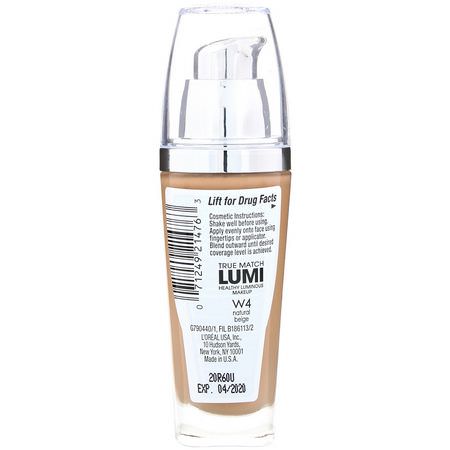 L'Oreal, True Match Healthy Luminous Makeup, SPF 20, W4 Natural Beige, 1 fl oz (30 ml):Foundation, وجه
