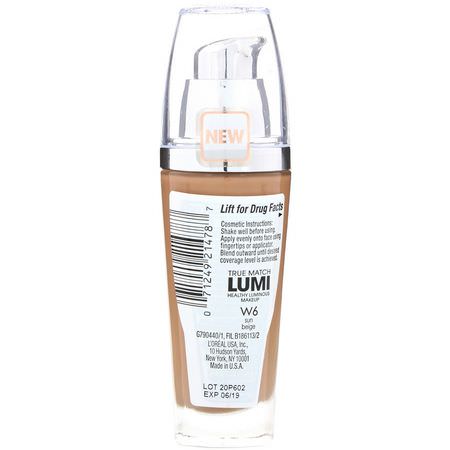 L'Oreal, True Match Healthy Luminous Makeup, SPF 20, W6 Sun Beige, 1 fl oz (30 ml):Foundation, وجه