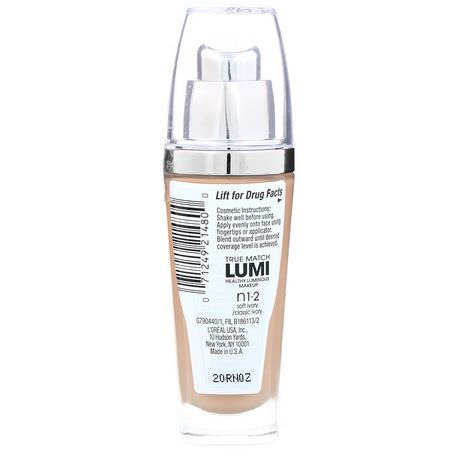 L'Oreal, True Match Lumi, Healthy Luminous Makeup, SPF 20, SN1-2 Soft Ivory/Classic Ivory, 1 fl oz (30 ml):Foundation, وجه