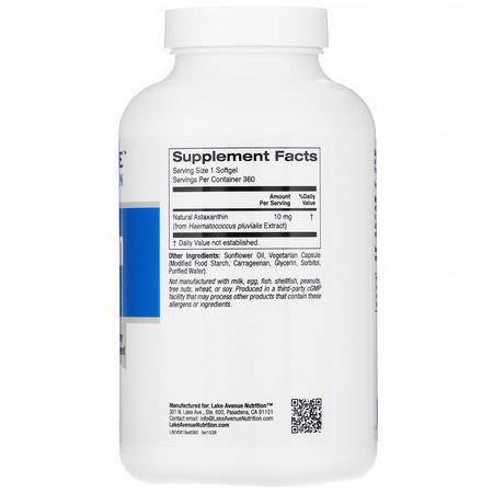 Lake Avenue Nutrition, Astaxanthin, 10 mg, 360 Veggie Softgels:أستازانتين, مضادات الأكسدة