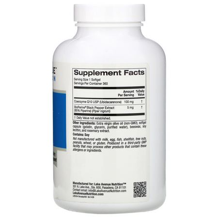 Lake Avenue Nutrition, CoQ10 USP with Bioperine, 100 mg, 360 Softgels:أنزيم Q10, CoQ10