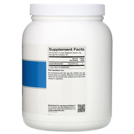 Lake Avenue Nutrition, Creatine Powder, Unflavored, 5,000 mg, 2 lb (907 g):الكرياتين م,ن,هيدرات, الكرياتين