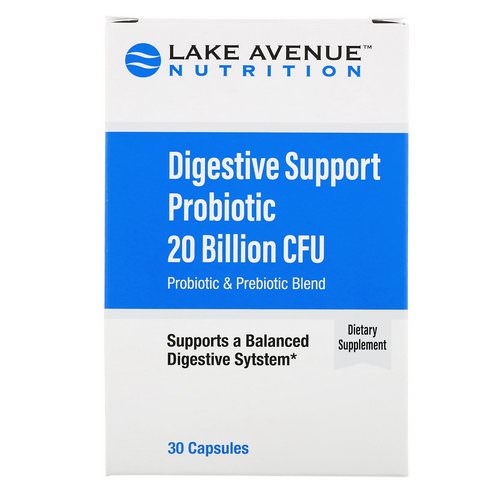 Lake Avenue Nutrition, Digestive Support Probiotic, Probiotic & Prebiotic Blend, 20 Billion CFUs, 30 Capsules فوائد