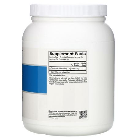 Lake Avenue Nutrition, Glutamine Powder, Unflavored, 2 lb (907 g):L-Glutamine, أحماض أمينية