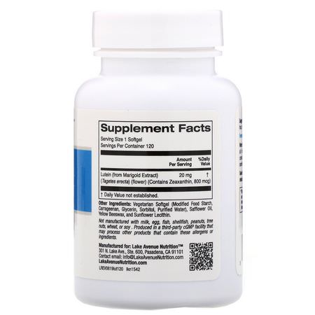 Lake Avenue Nutrition, Lutein, 20 mg, 120 Veggie Softgels:زياكسانثين, ل,تين