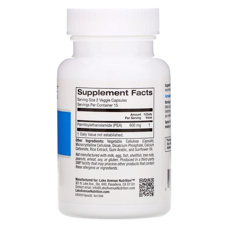 Lake Avenue Nutrition, PEA (Palmitoylethanolamide), 600 mg, 30 Veggie Capsules:Palmitoylethanolamide PEA, Pain Relief