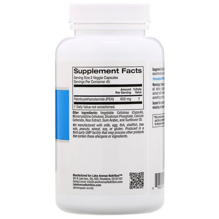 Lake Avenue Nutrition, PEA (Palmitoylethanolamide), 600 mg, 90 Veggie Capsules:Palmitoylethanolamide PEA, Pain Relief