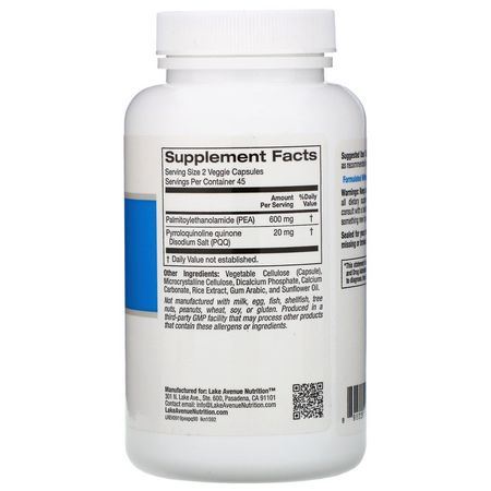 Lake Avenue Nutrition, PEA (Palmitoylethanolamide) with PQQ, 90 Veggie Capsules:Palmitoylethanolamide PEA, Pain Relief
