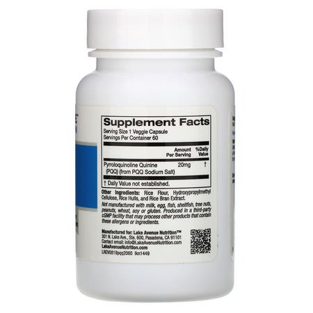 Lake Avenue Nutrition, PQQ (Pyrroloquinoline Quinine), 20 mg, 60 Veggie Capsules:PQQ, مضادات الأكسدة