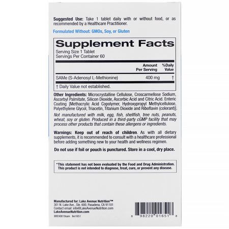 Lake Avenue Nutrition, SAMe (S-Adenosyl L-Methionine), 400 mg, 60 Tablets:SAM-e, ملاحق