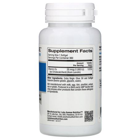 Lake Avenue Nutrition, Vitamin D3, 1,000 IU, 360 Softgels:D3 Cholecalciferol, فيتامين D