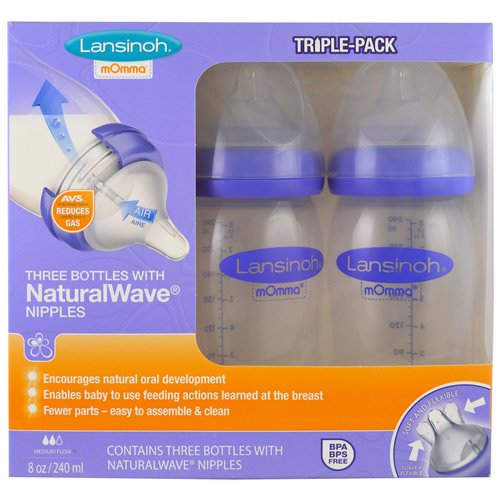 Lansinoh, Natural Wave Nipple Bottles, Medium Flow, 3 Bottles, 8 oz (240 ml) Each فوائد