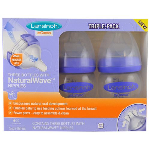 Lansinoh, Natural Wave Nipple Bottles, Slow Flow, 3 Bottles, 5 oz (160 ml) Each فوائد