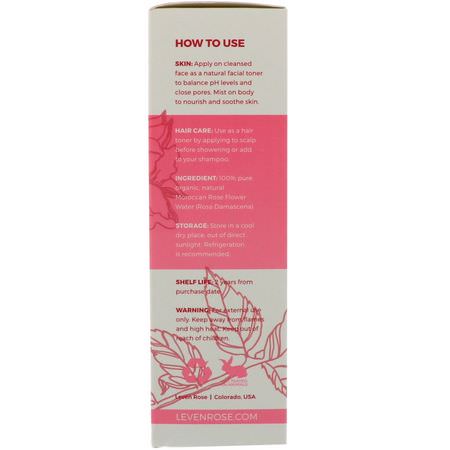 Leven Rose, 100% Pure & Organic Rose Water, 4 fl oz (118 ml):العناية بفر,ة الرأس, العناية بالشعر
