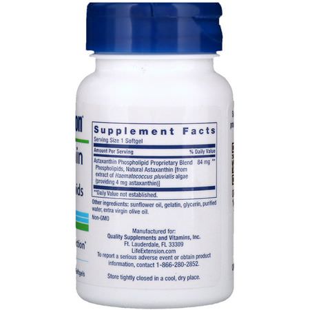 Life Extension, Astaxanthin with Phospholipids, 4 mg, 30 Softgels:أستازانتين, مضادات الأكسدة