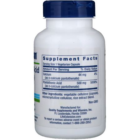 Life Extension, Pantothenic Acid, (Vitamin B-5), 500 mg, 100 Vegetarian Capsules:فيتامين ب, الفيتامينات
