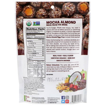 Made in Nature, Organic Figgy Pops, Mocha Almond Supersnacks, 3.8 oz (108 g):,جبات الخضر,ات الخفيفة ,التين